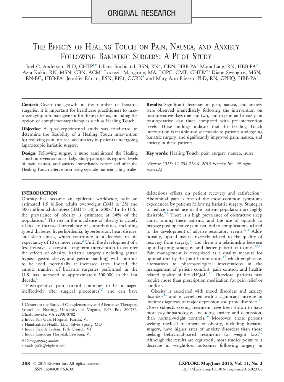 The Effects of Healing Touch on Pain, Nausea, and Anxiety Following Bariatric Surgery: A Pilot Study