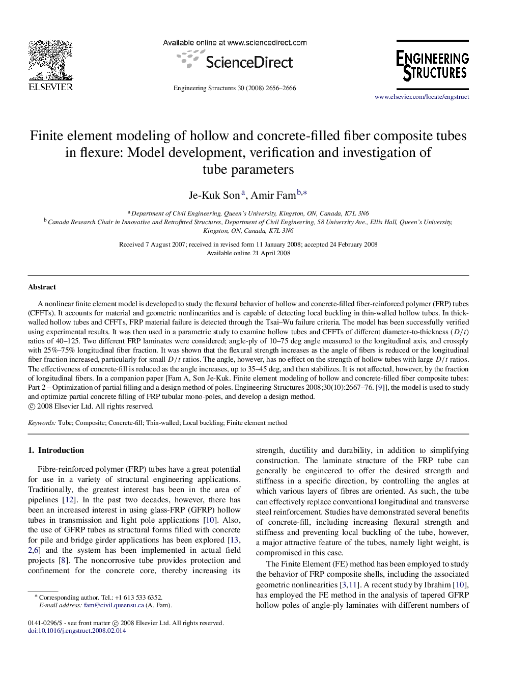 Finite element modeling of hollow and concrete-filled fiber composite tubes in flexure: Model development, verification and investigation of tube parameters