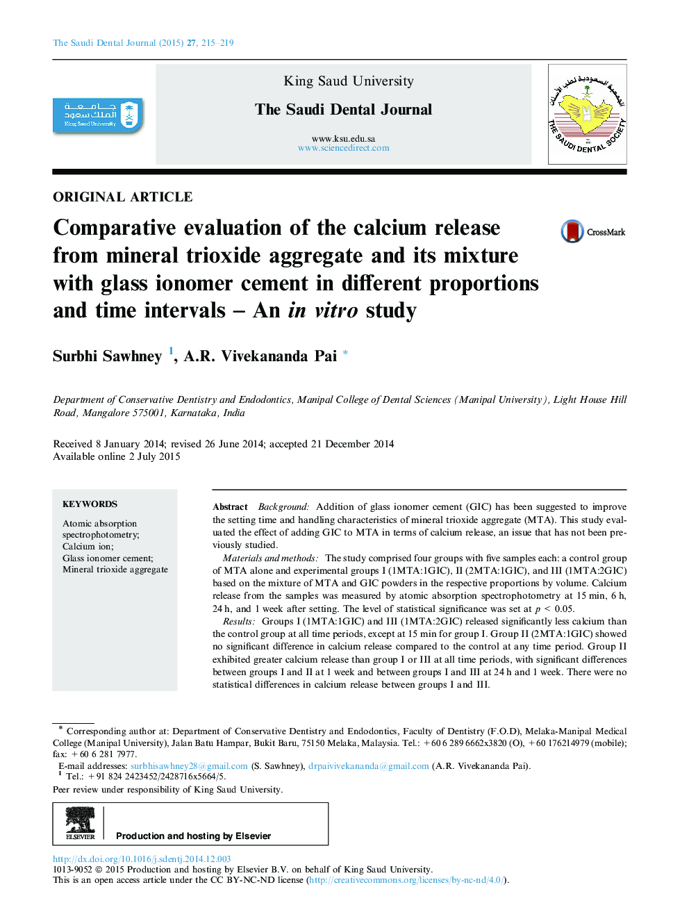 Comparative evaluation of the calcium release from mineral trioxide aggregate and its mixture with glass ionomer cement in different proportions and time intervals – An in vitro study 