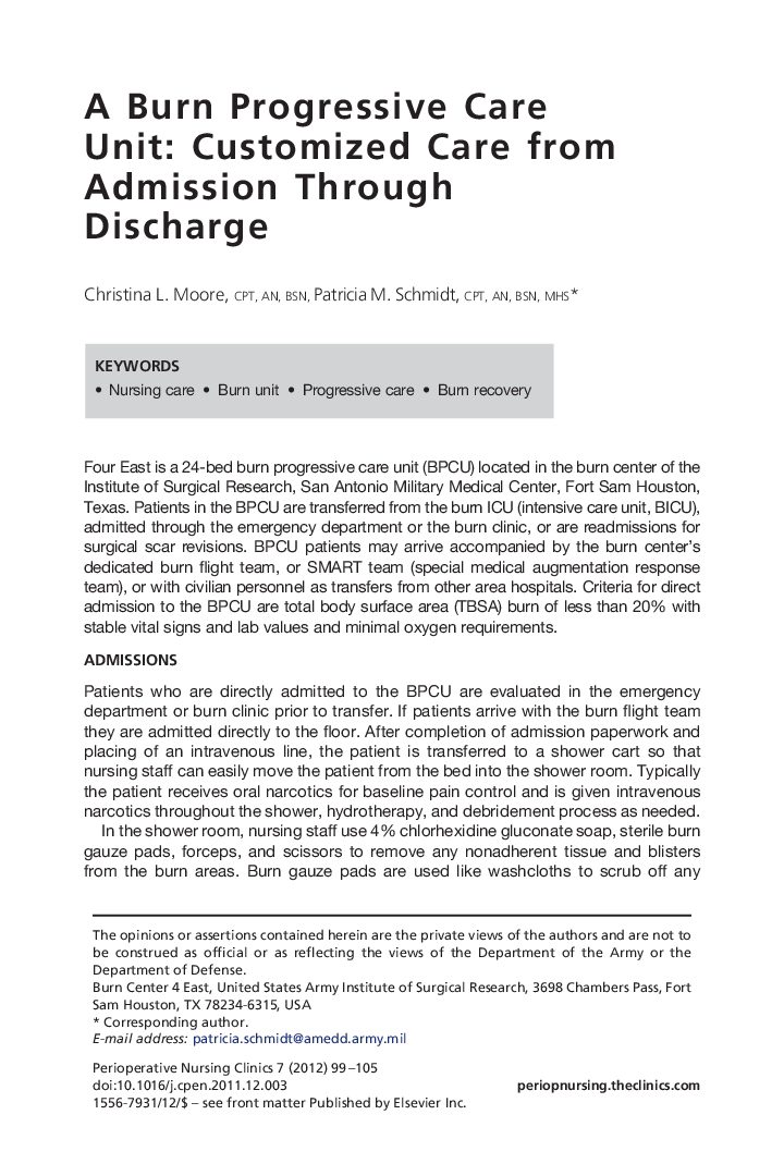 A Burn Progressive Care Unit: Customized Care from Admission Through Discharge