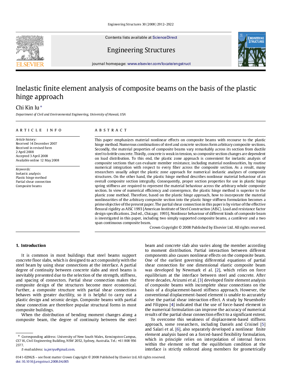 Inelastic finite element analysis of composite beams on the basis of the plastic hinge approach