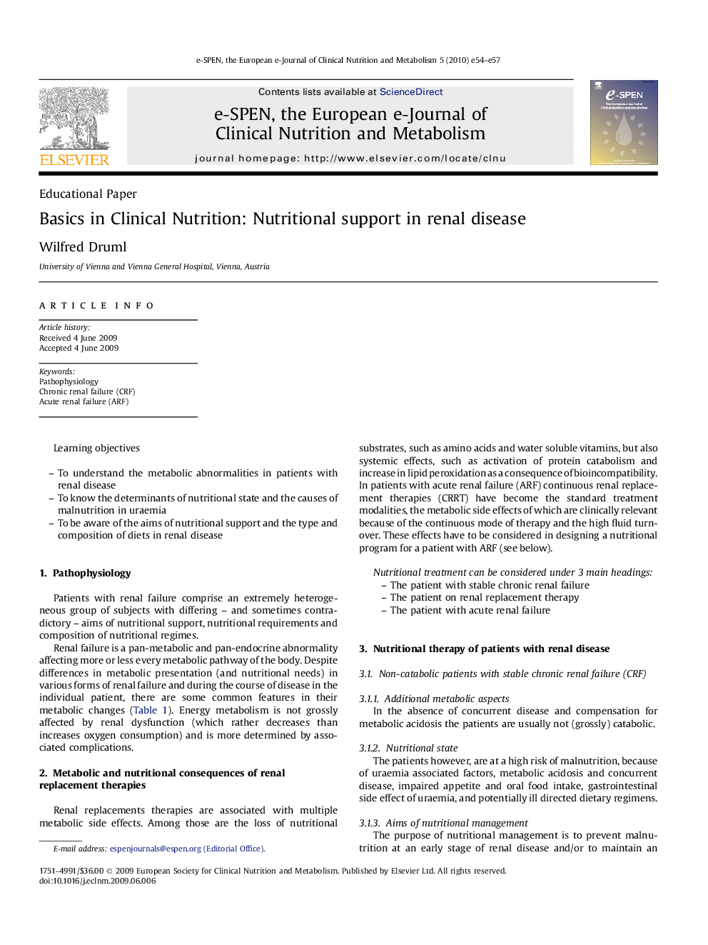 Basics in Clinical Nutrition: Nutritional support in renal disease