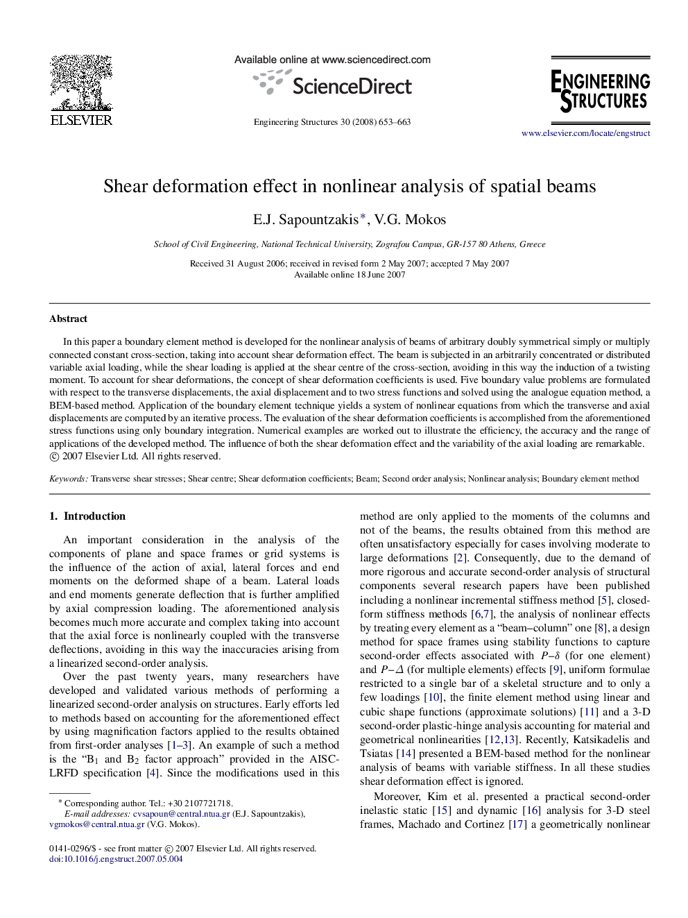 Shear deformation effect in nonlinear analysis of spatial beams