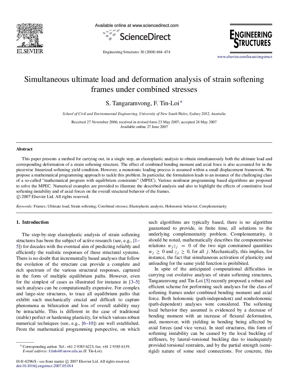 Simultaneous ultimate load and deformation analysis of strain softening frames under combined stresses