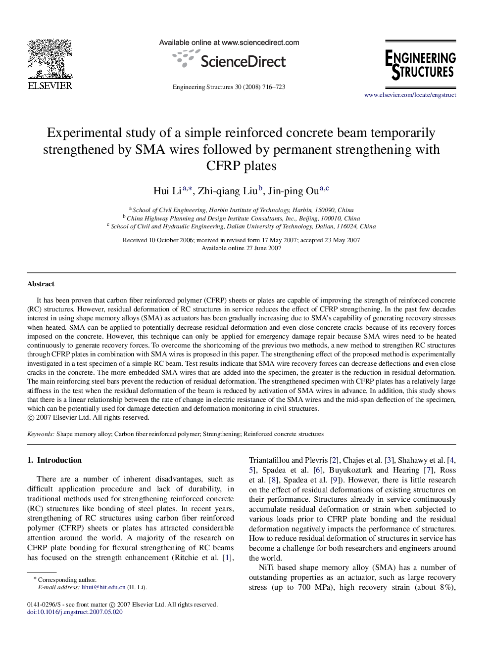 Experimental study of a simple reinforced concrete beam temporarily strengthened by SMA wires followed by permanent strengthening with CFRP plates