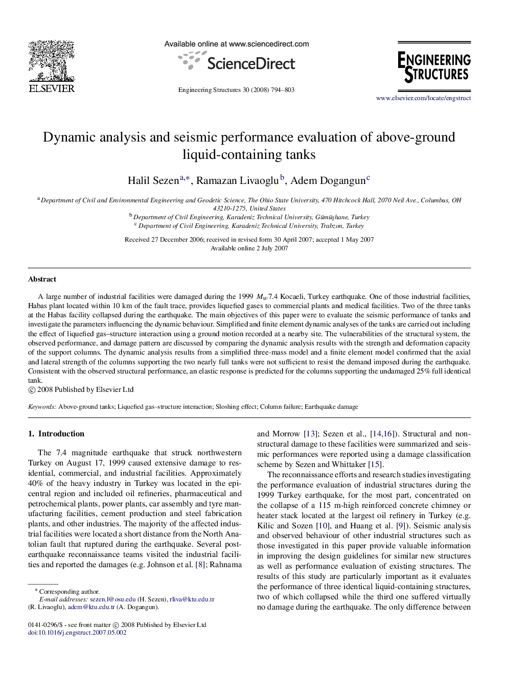 Dynamic analysis and seismic performance evaluation of above-ground liquid-containing tanks