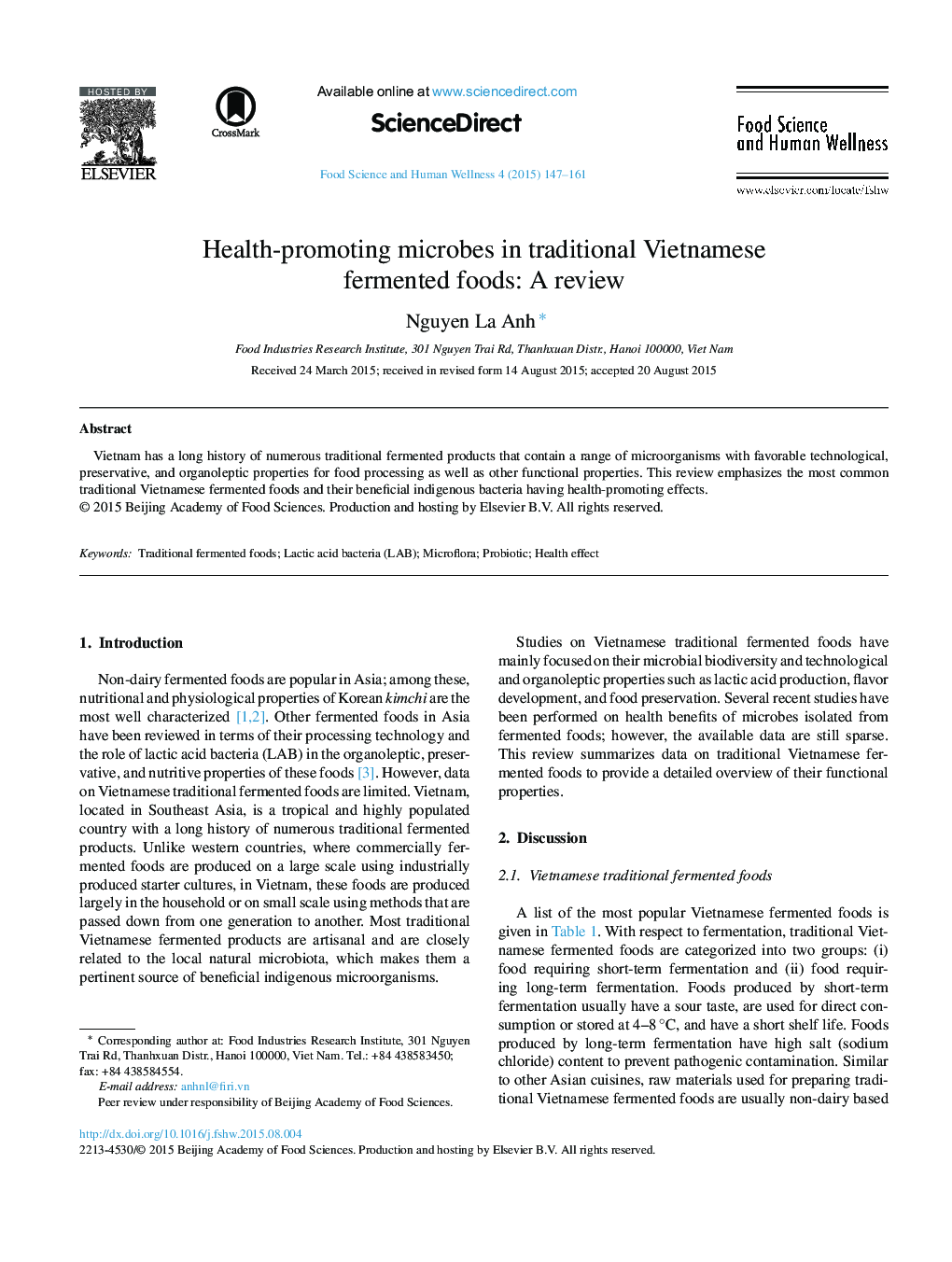 Health-promoting microbes in traditional Vietnamese fermented foods: A review 