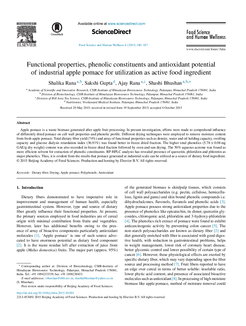 Functional properties, phenolic constituents and antioxidant potential of industrial apple pomace for utilization as active food ingredient 