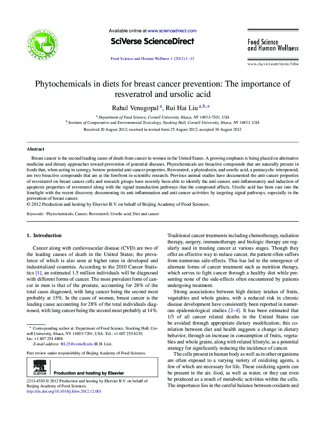 Phytochemicals in diets for breast cancer prevention: The importance of resveratrol and ursolic acid 