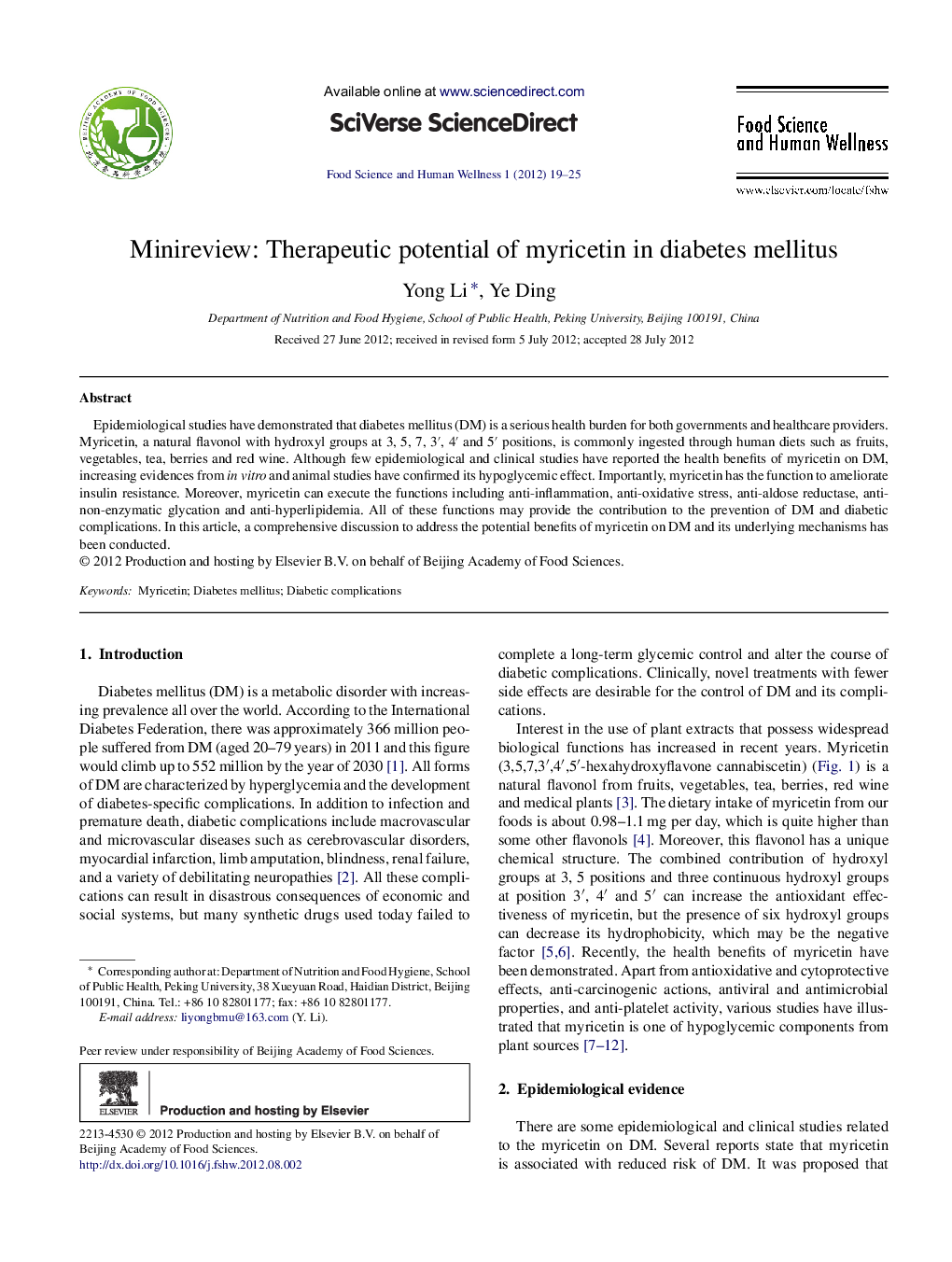 Minireview: Therapeutic potential of myricetin in diabetes mellitus 