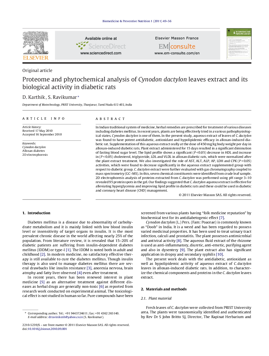 Proteome and phytochemical analysis of Cynodon dactylon leaves extract and its biological activity in diabetic rats