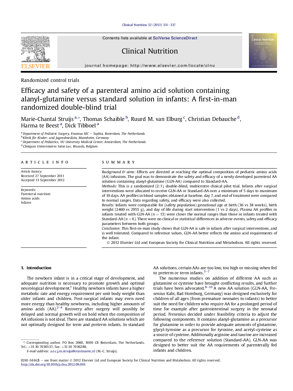 Efficacy and safety of a parenteral amino acid solution containing alanyl-glutamine versus standard solution in infants: A first-in-man randomized double-blind trial