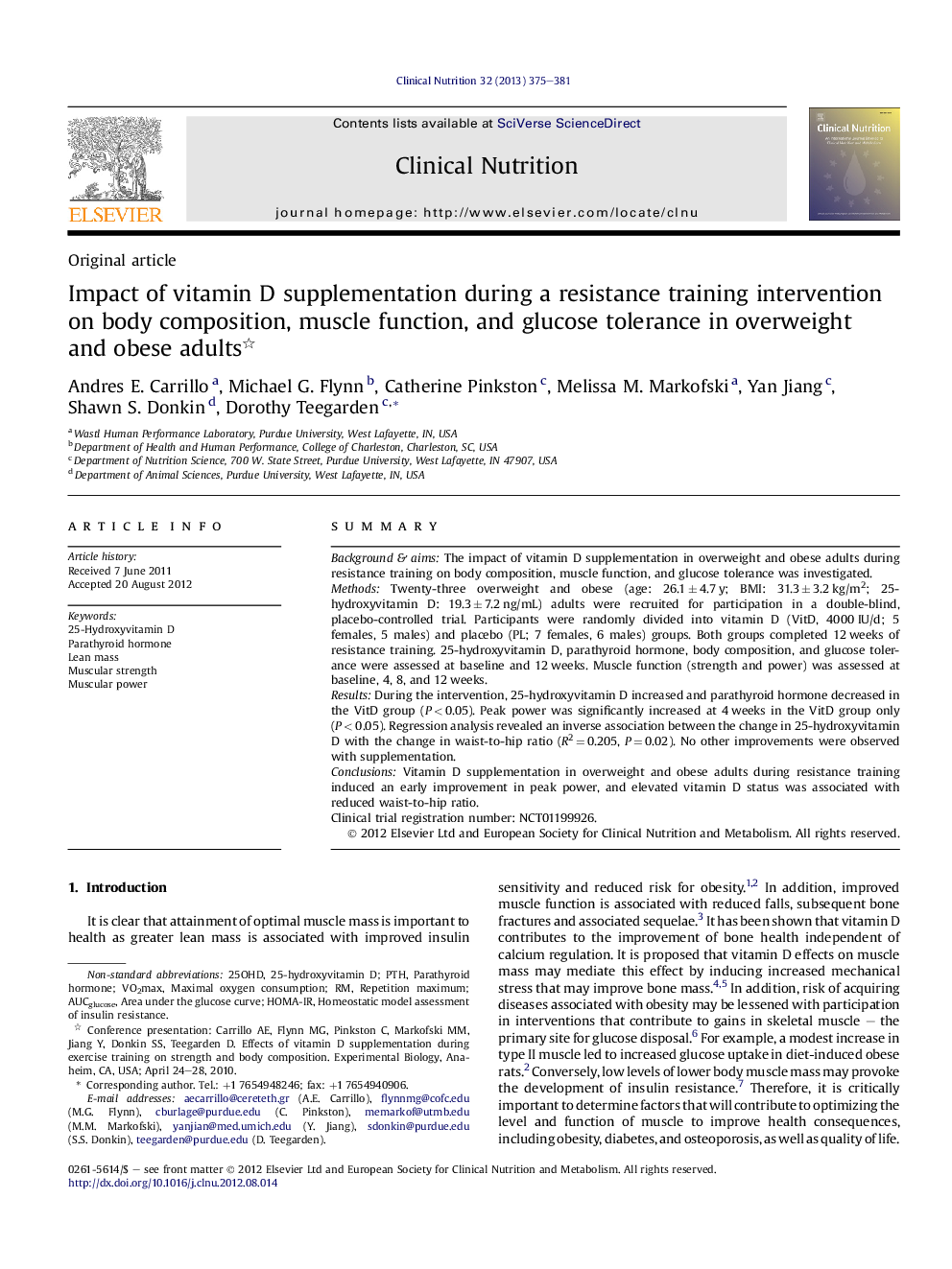 Impact of vitamin D supplementation during a resistance training intervention on body composition, muscle function, and glucose tolerance in overweight and obese adults 