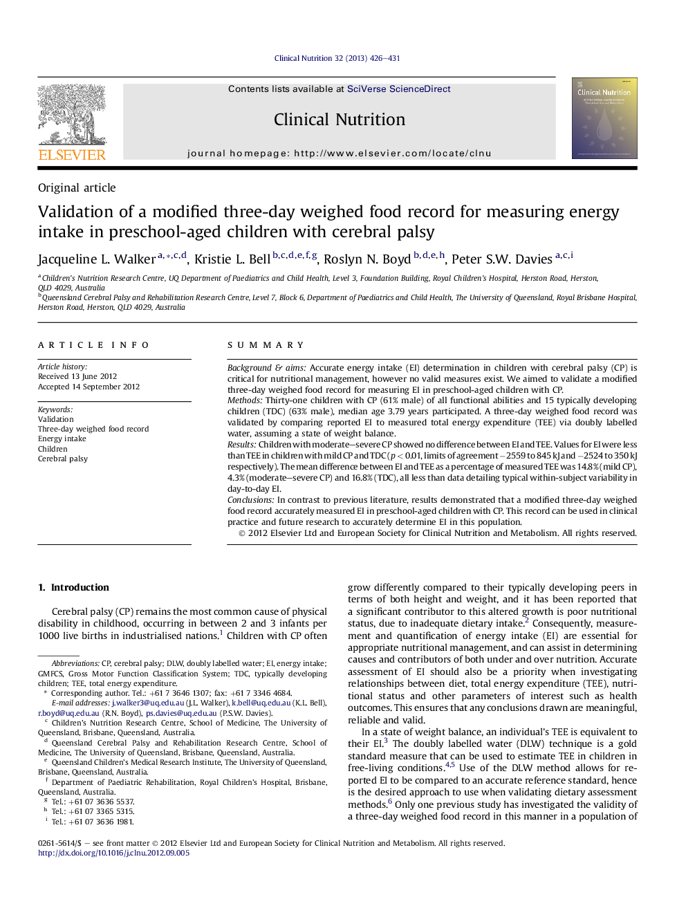 Validation of a modified three-day weighed food record for measuring energy intake in preschool-aged children with cerebral palsy