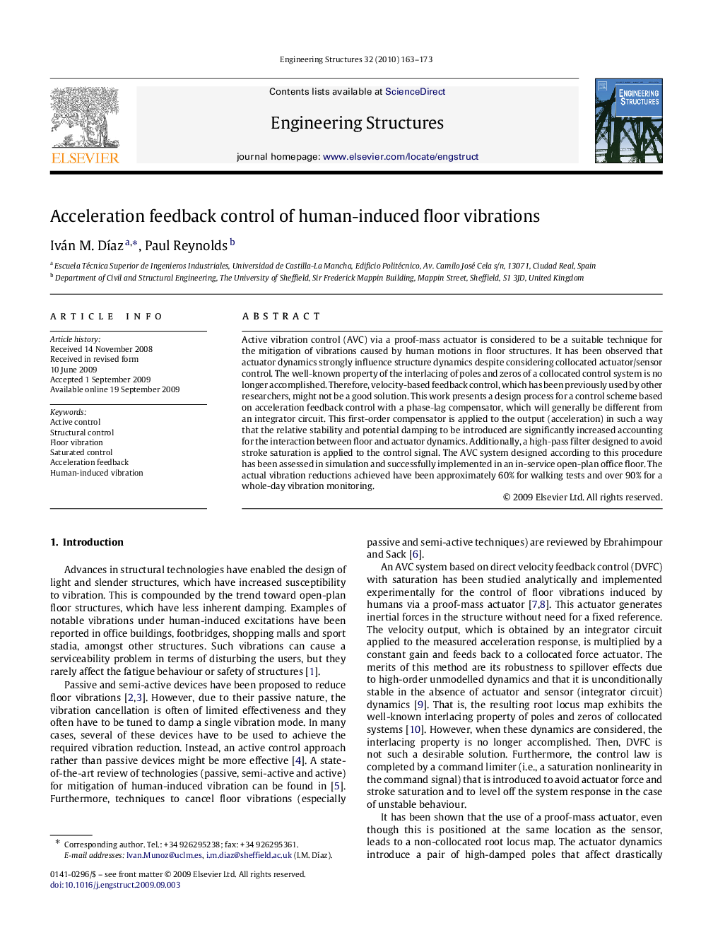 Acceleration feedback control of human-induced floor vibrations