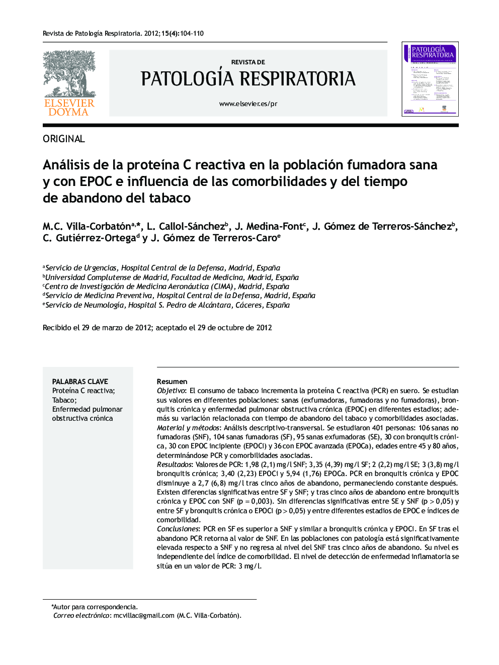 Análisis de la proteína C reactiva en la población fumadora sana y con EPOC e influencia de las comorbilidades y del tiempo de abandono del tabaco