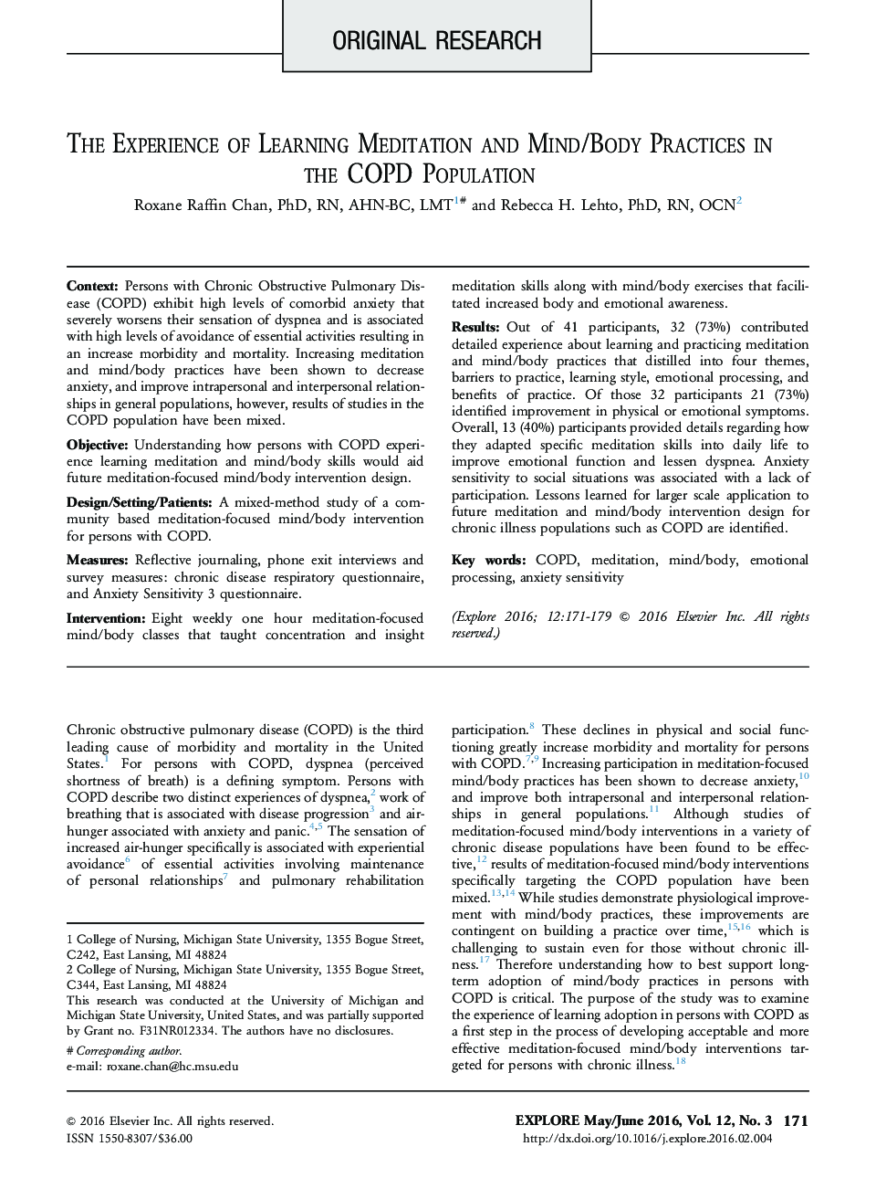 تجربه یادگیری مدیتیشن و تمرین ذهن/بدن در جمعیت COPD