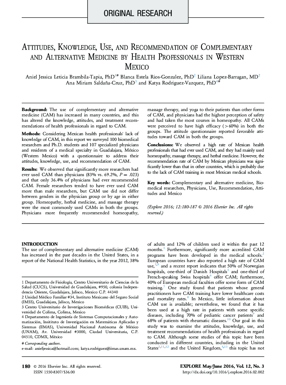 Attitudes, Knowledge, Use, and Recommendation of Complementary and Alternative Medicine by Health Professionals in Western Mexico