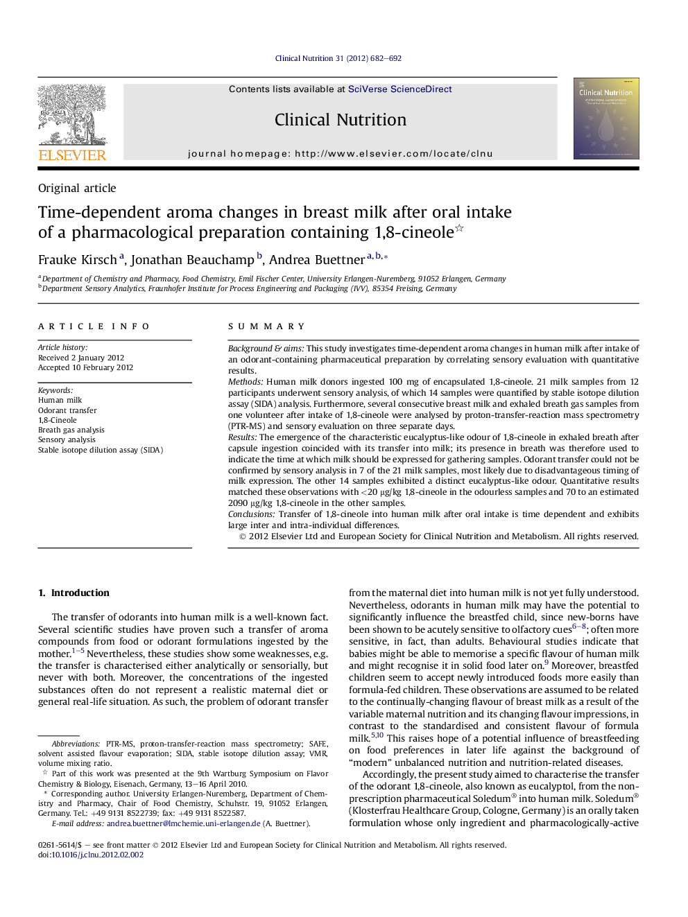 Time-dependent aroma changes in breast milk after oral intake of a pharmacological preparation containing 1,8-cineole 