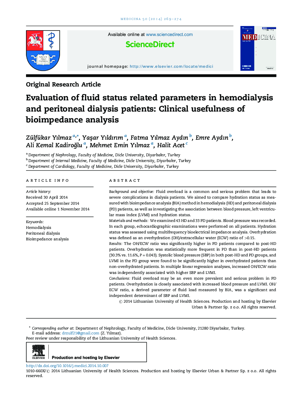 Evaluation of fluid status related parameters in hemodialysis and peritoneal dialysis patients: Clinical usefulness of bioimpedance analysis 