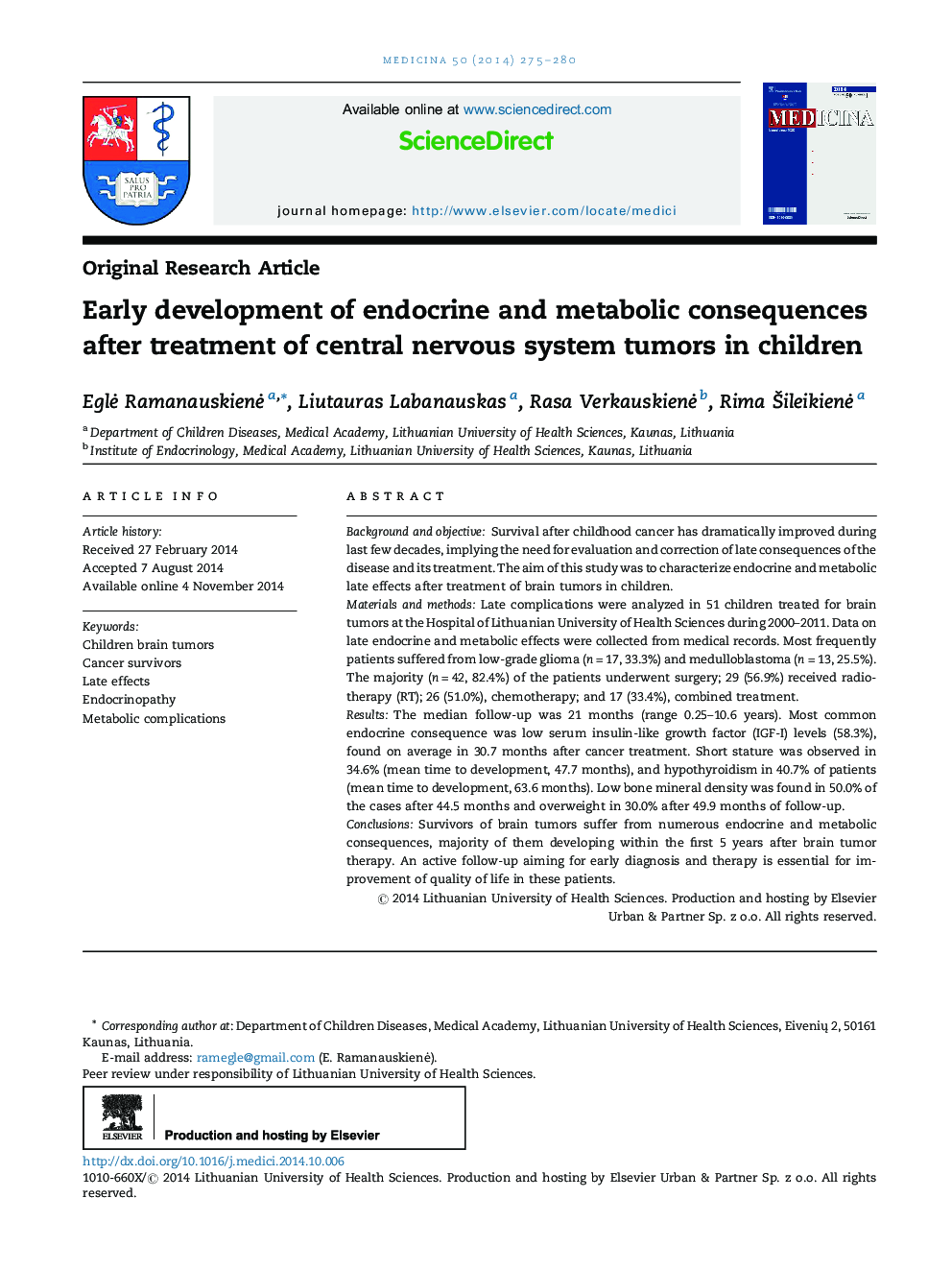 توسعه اولیه عواقب غدد درون ریز و متابولیک پس از درمان تومورهای سیستم عصبی مرکزی در کودکان 