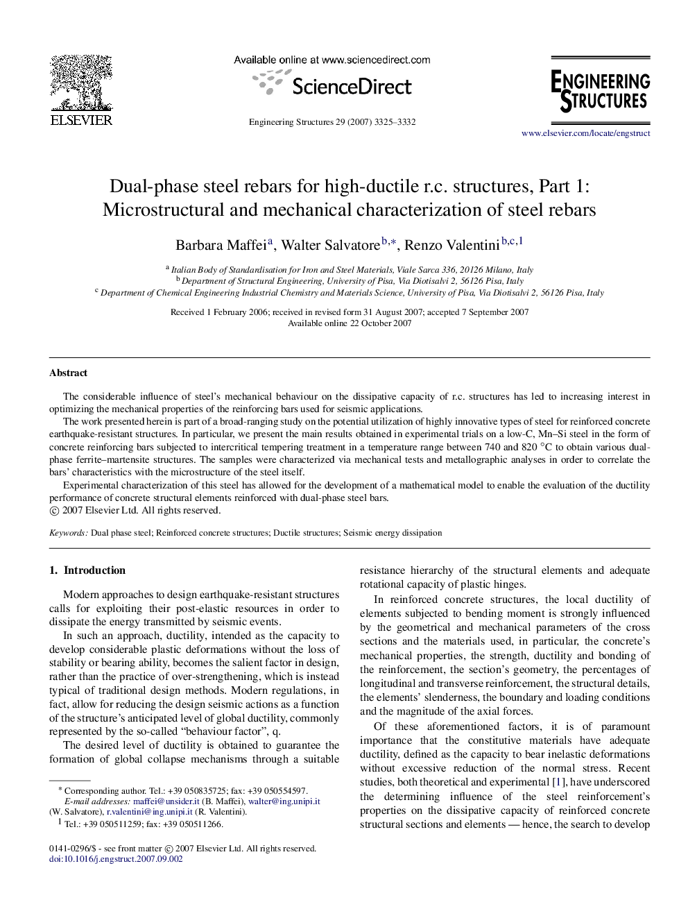 Dual-phase steel rebars for high-ductile r.c. structures, Part 1: Microstructural and mechanical characterization of steel rebars