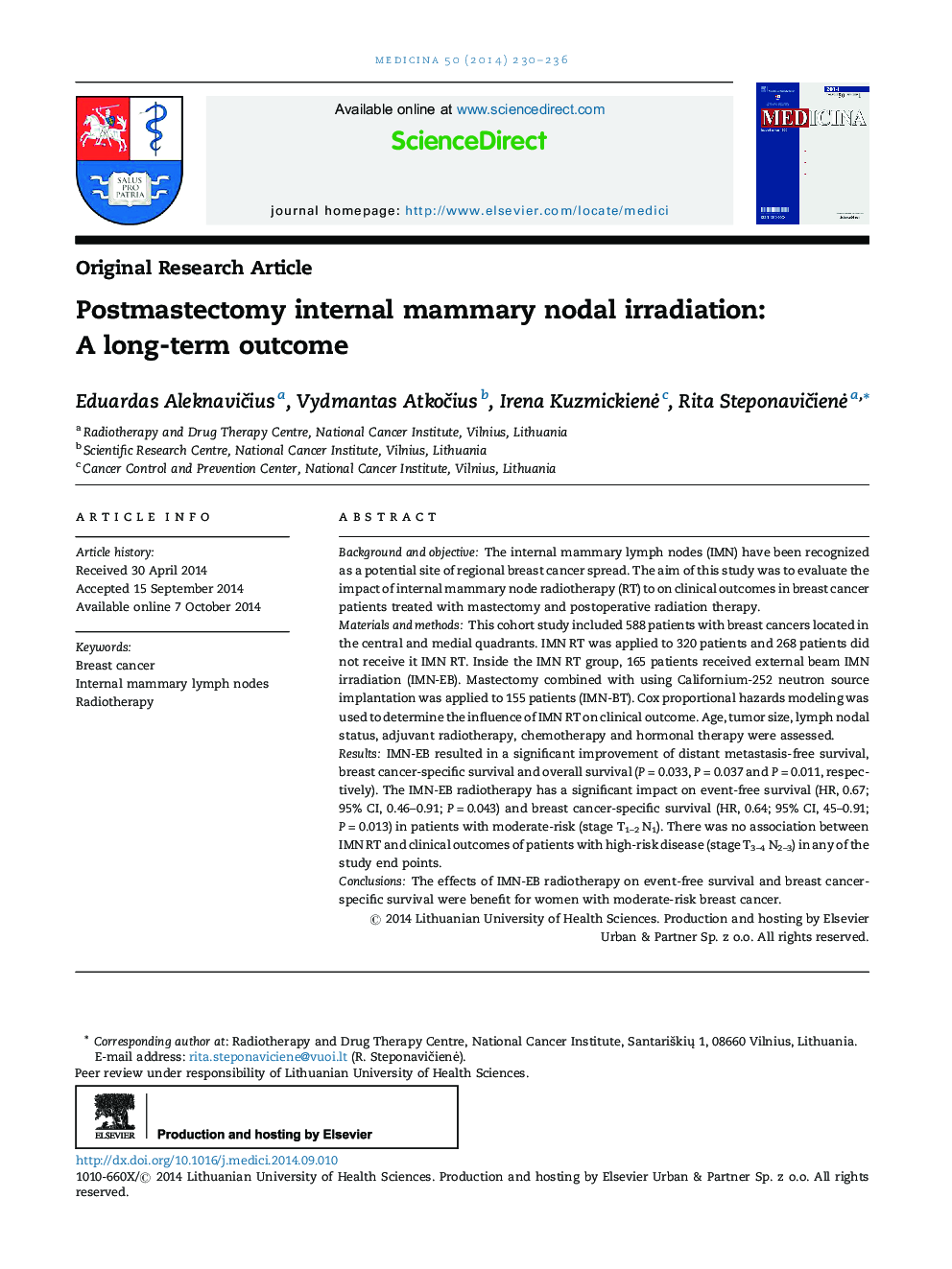 Postmastectomy internal mammary nodal irradiation: A long-term outcome 