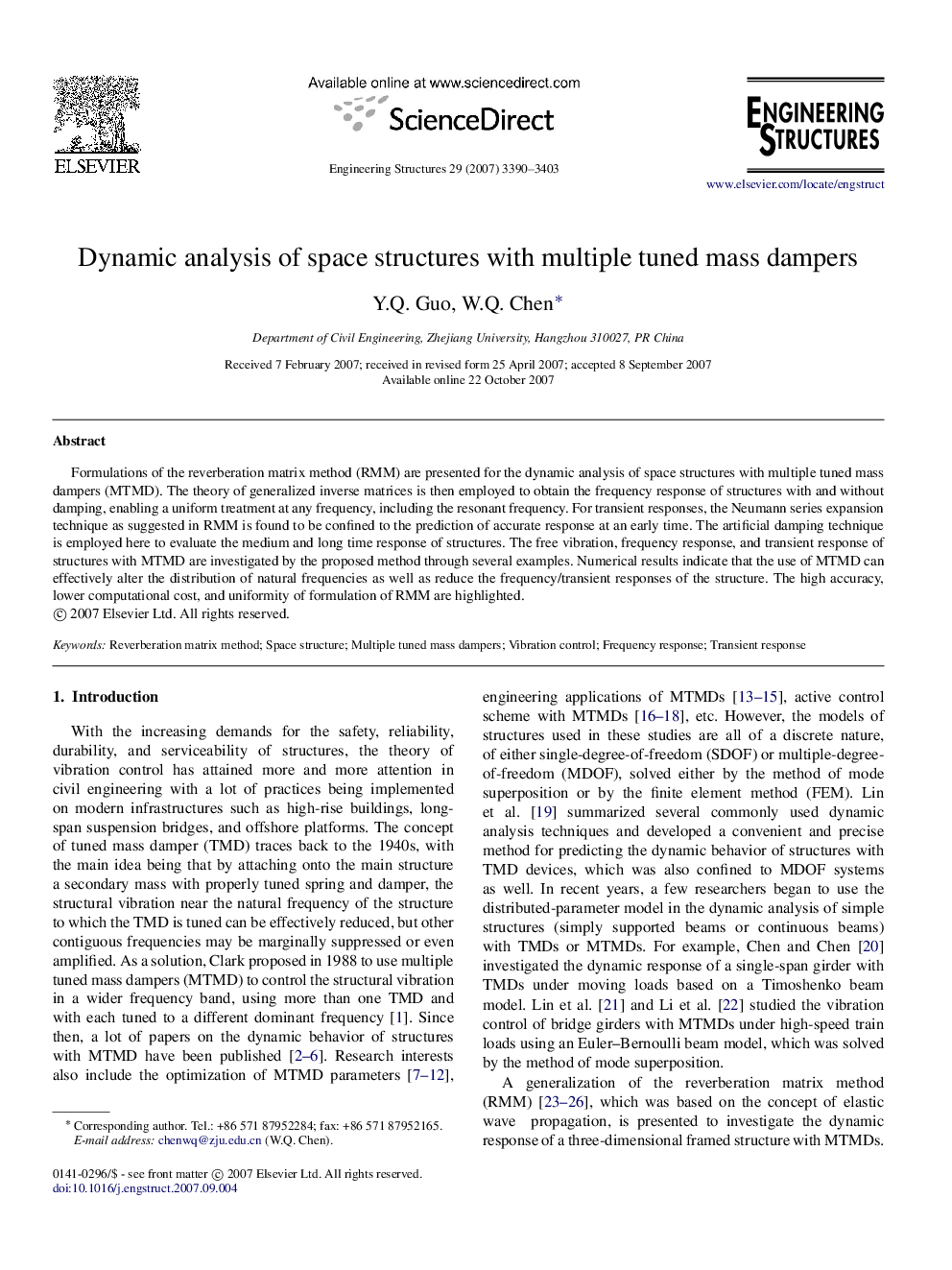 Dynamic analysis of space structures with multiple tuned mass dampers