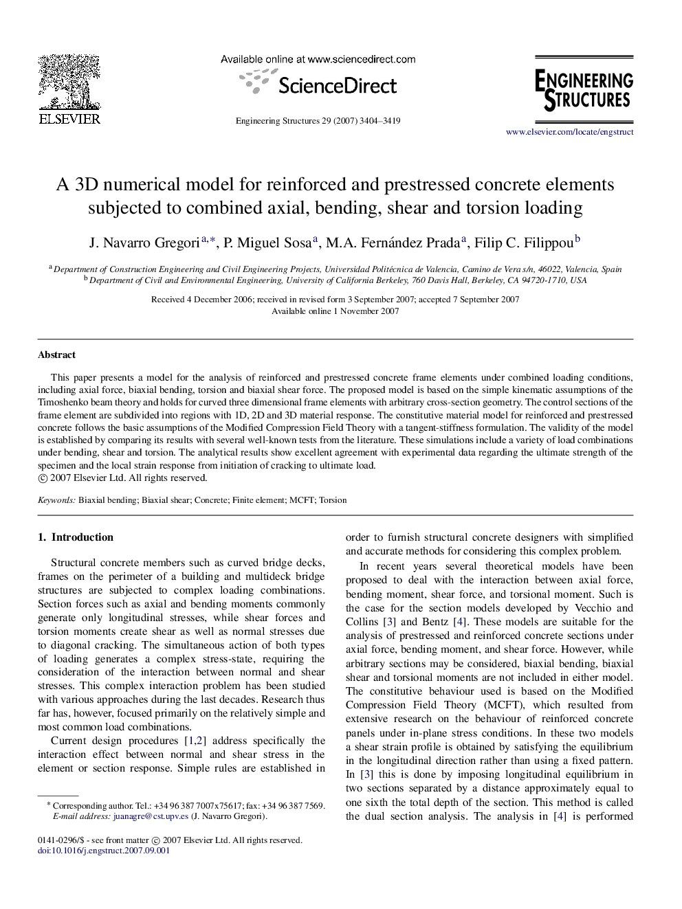 A 3D numerical model for reinforced and prestressed concrete elements subjected to combined axial, bending, shear and torsion loading