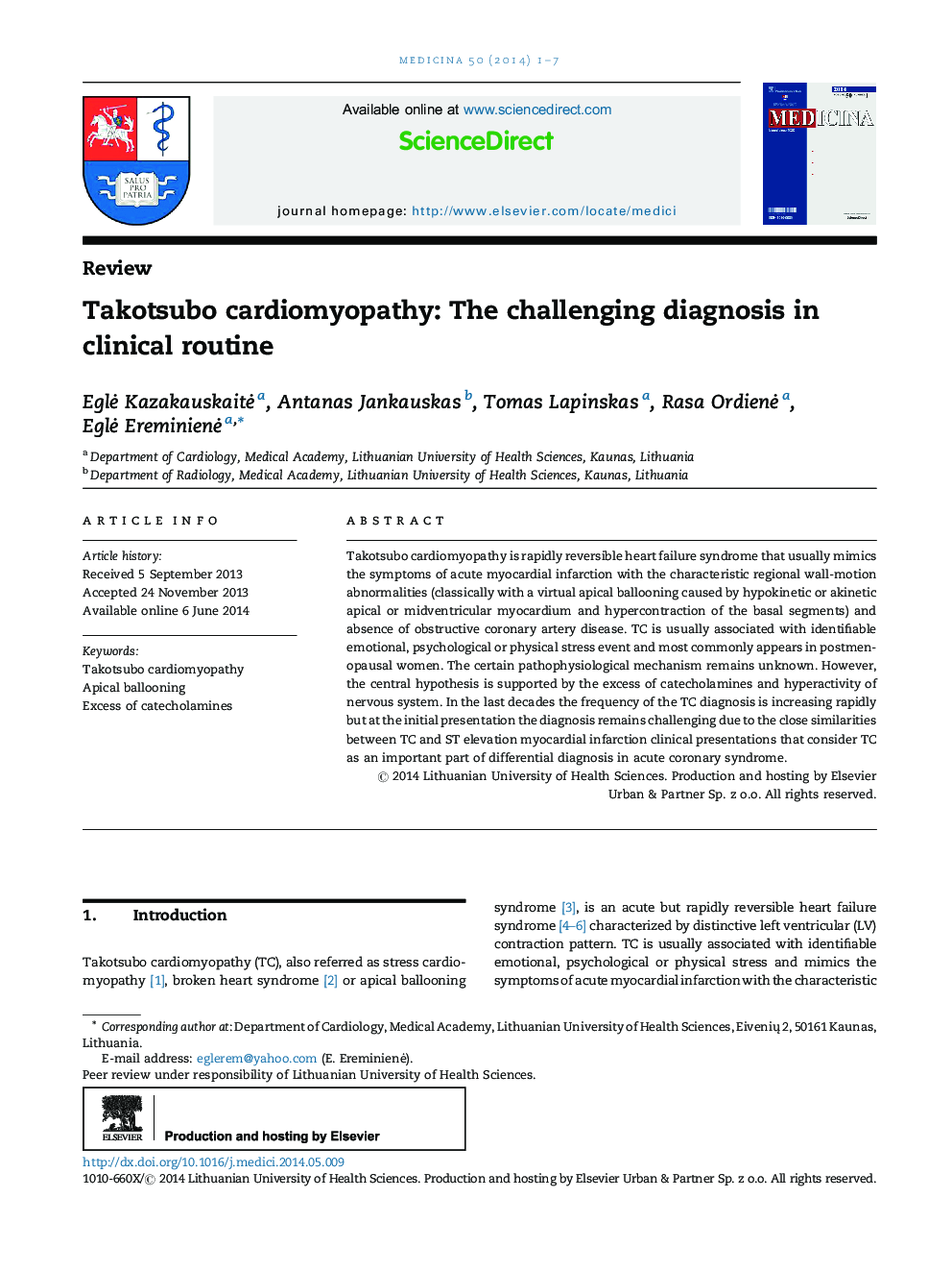 Takotsubo cardiomyopathy: The challenging diagnosis in clinical routine 