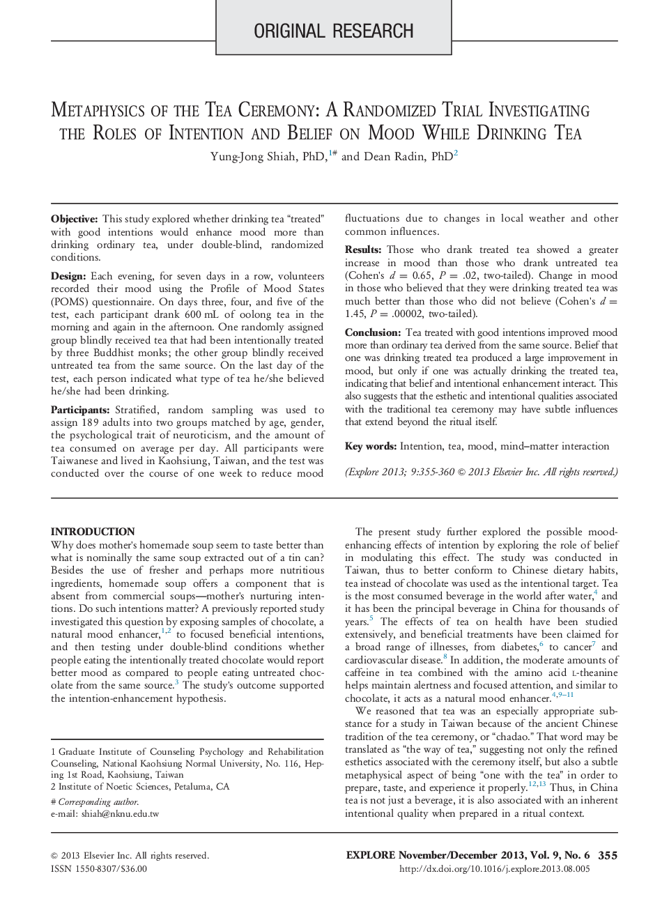 Metaphysics of the Tea Ceremony: A Randomized Trial Investigating the Roles of Intention and Belief on Mood While Drinking Tea