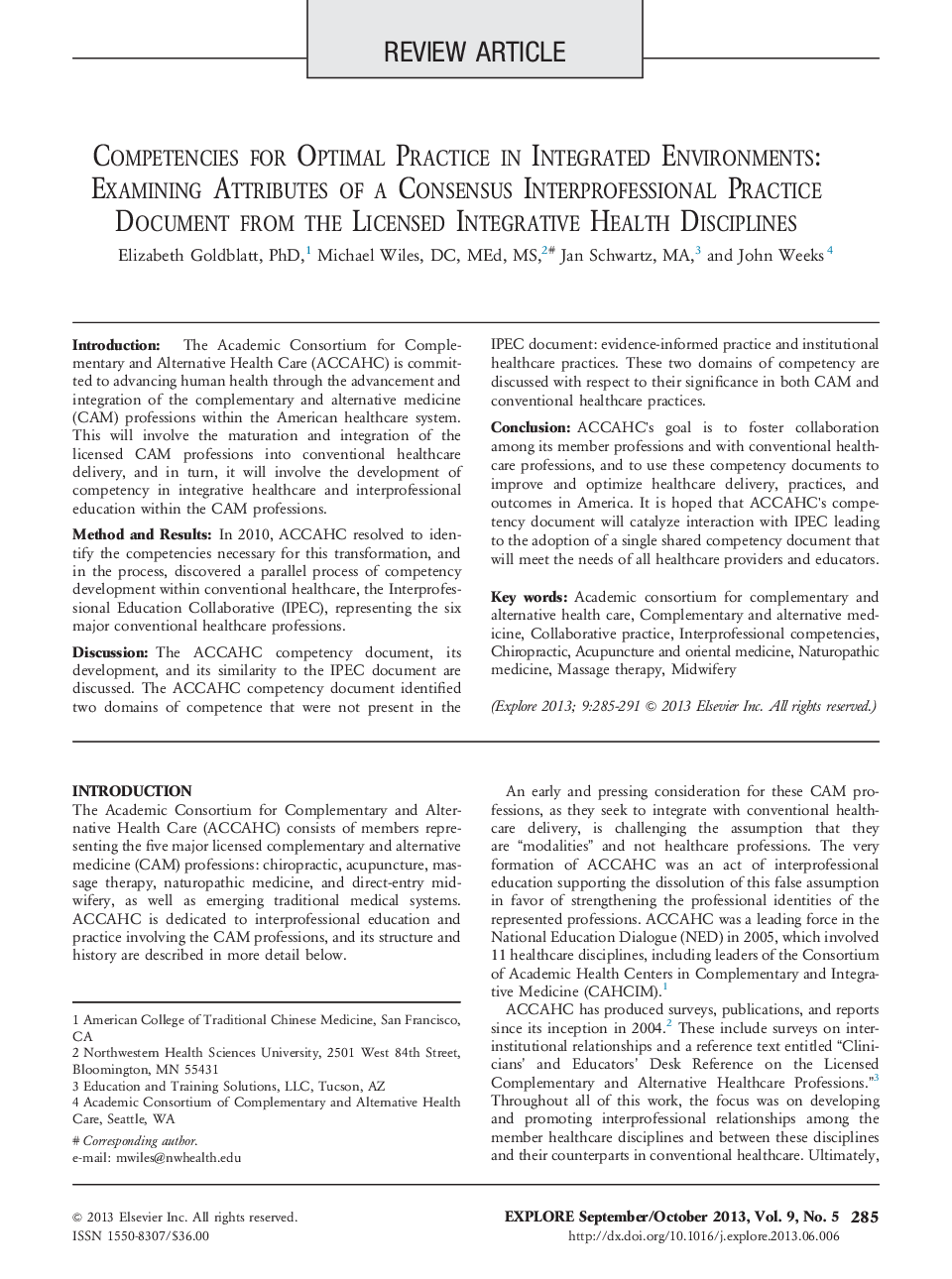 Competencies for Optimal Practice in Integrated Environments: Examining Attributes of a Consensus Interprofessional Practice Document from the Licensed Integrative Health Disciplines