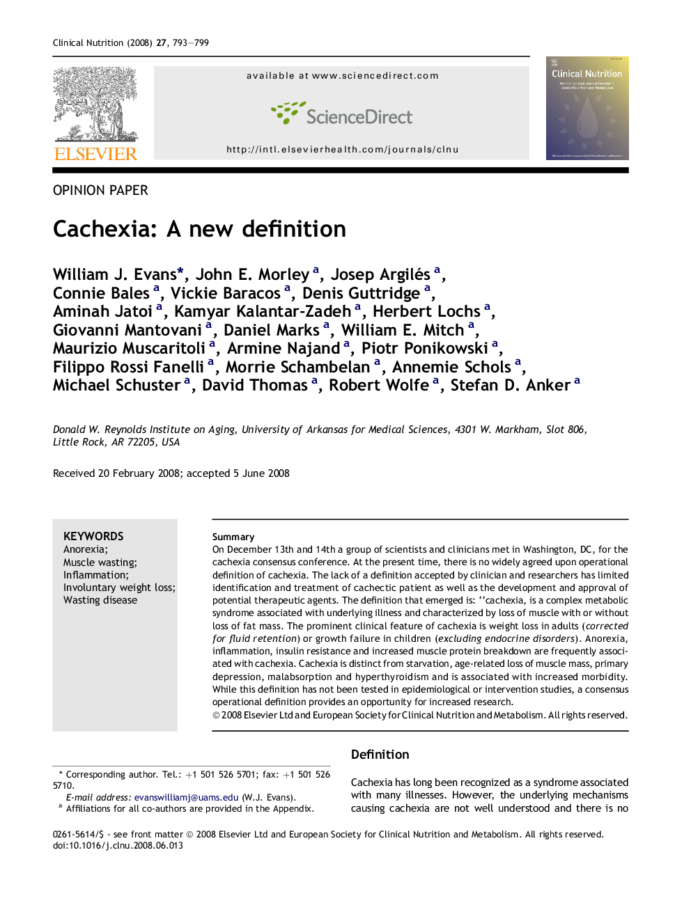 Cachexia: A new definition