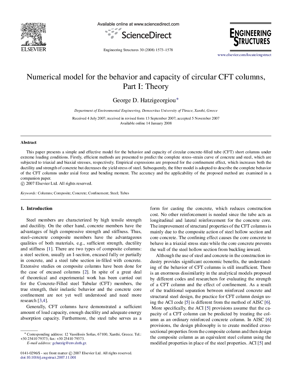 Numerical model for the behavior and capacity of circular CFT columns, Part I: Theory