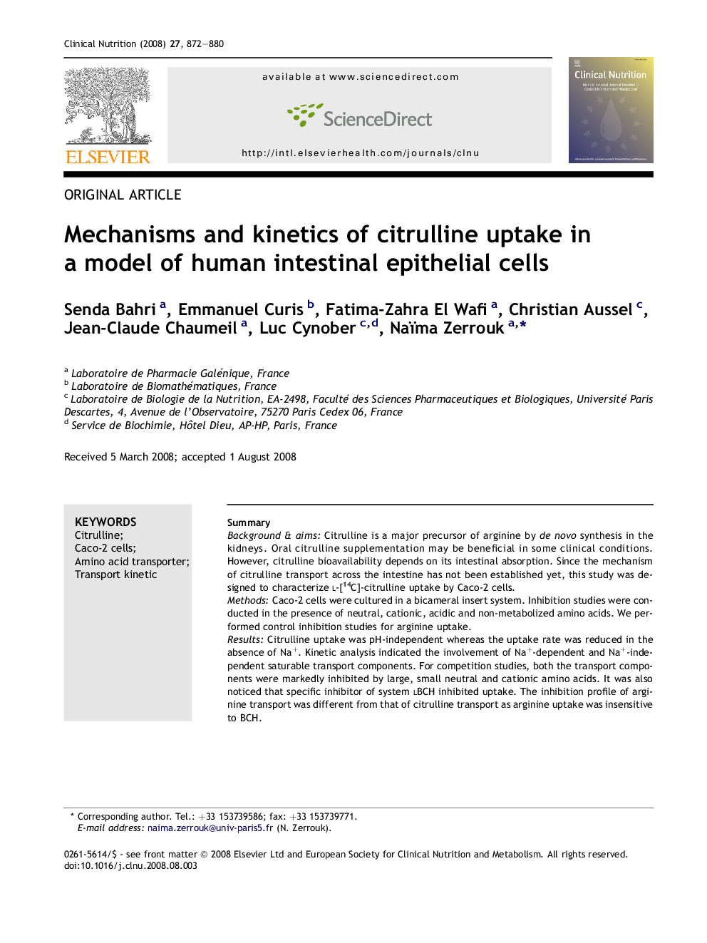 Mechanisms and kinetics of citrulline uptake in a model of human intestinal epithelial cells