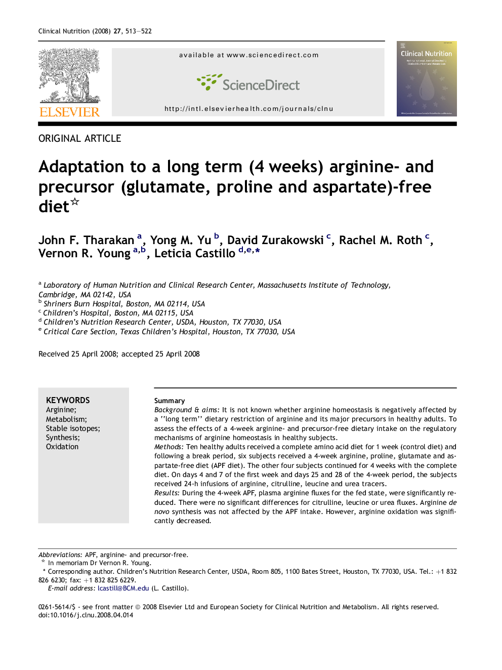 Adaptation to a long term (4 weeks) arginine- and precursor (glutamate, proline and aspartate)-free diet 