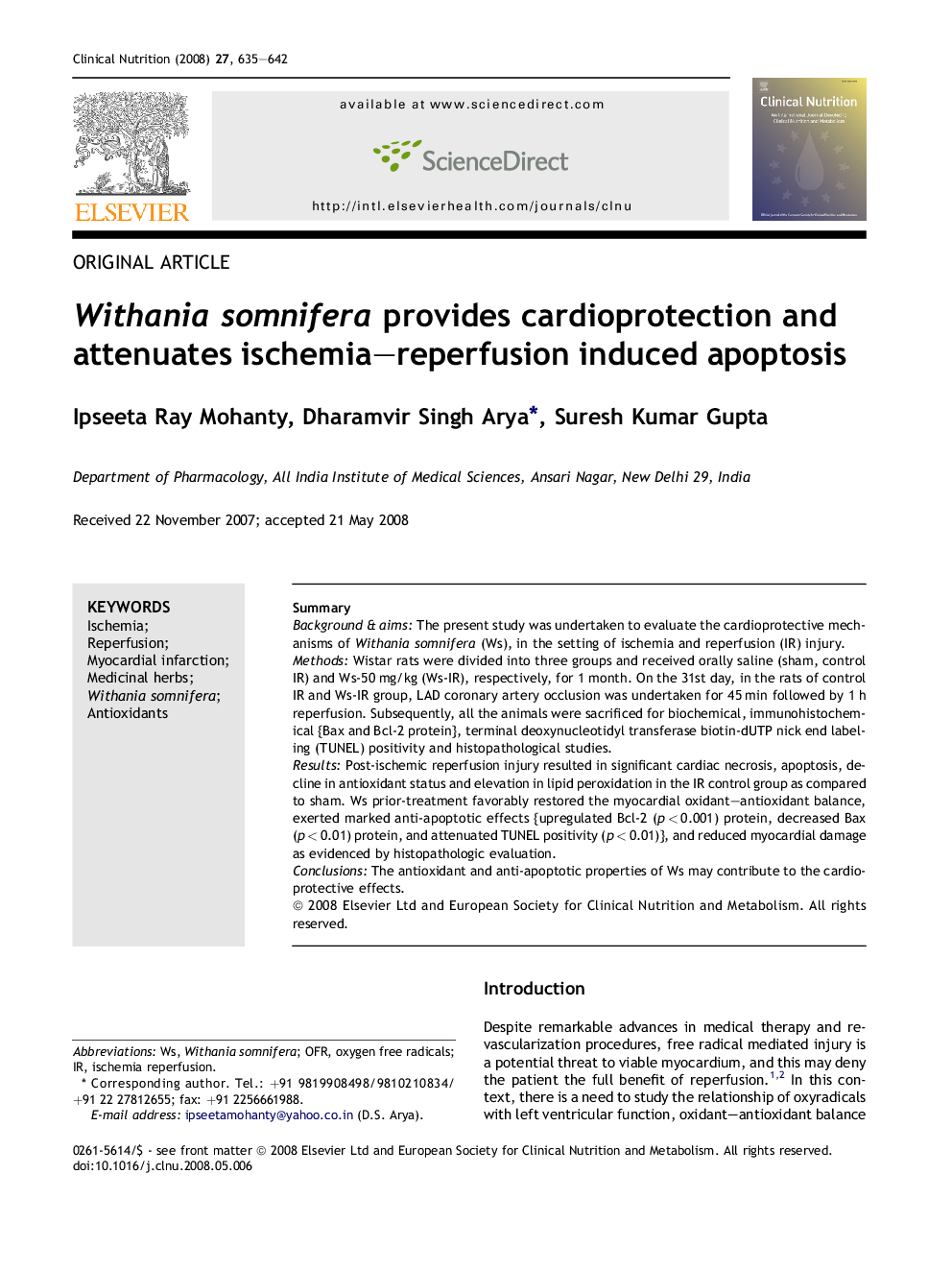 Withania somnifera provides cardioprotection and attenuates ischemia–reperfusion induced apoptosis