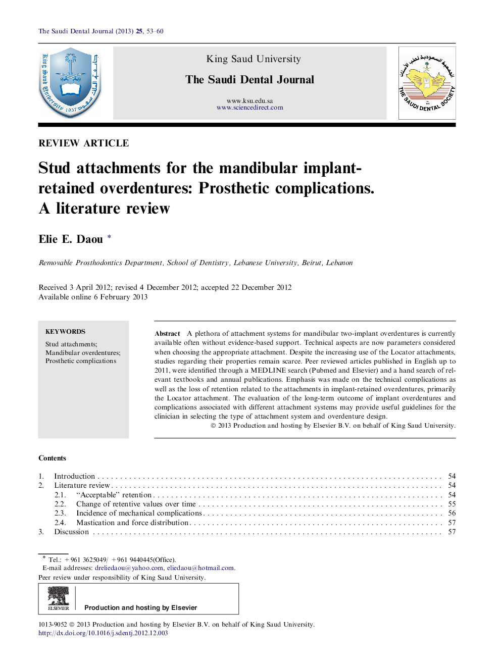 Stud attachments for the mandibular implant-retained overdentures: Prosthetic complications. A literature review 