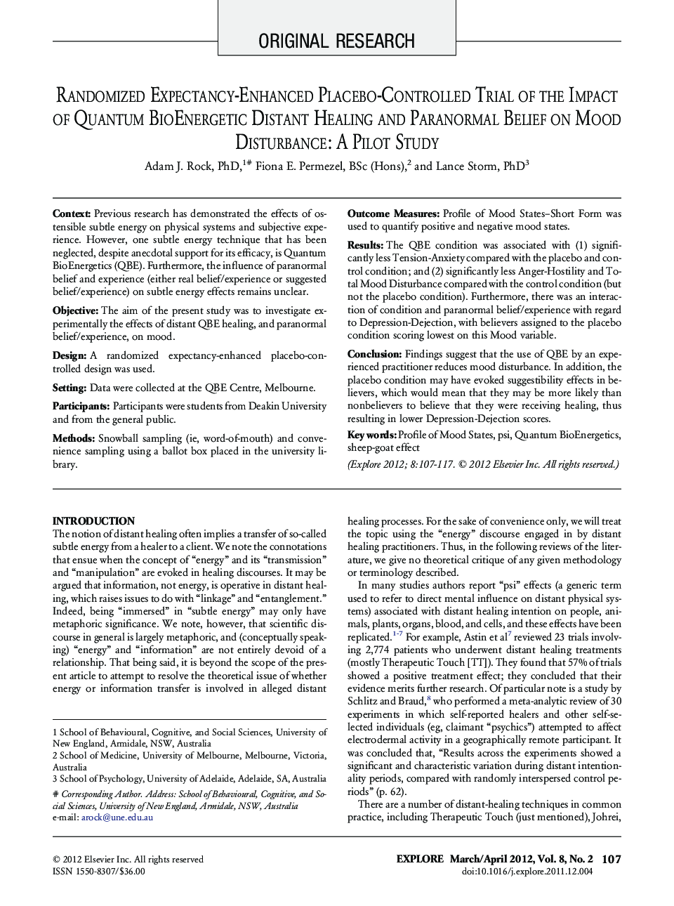 Randomized Expectancy-Enhanced Placebo-Controlled Trial of the Impact of Quantum BioEnergetic Distant Healing and Paranormal Belief on Mood Disturbance: A Pilot Study