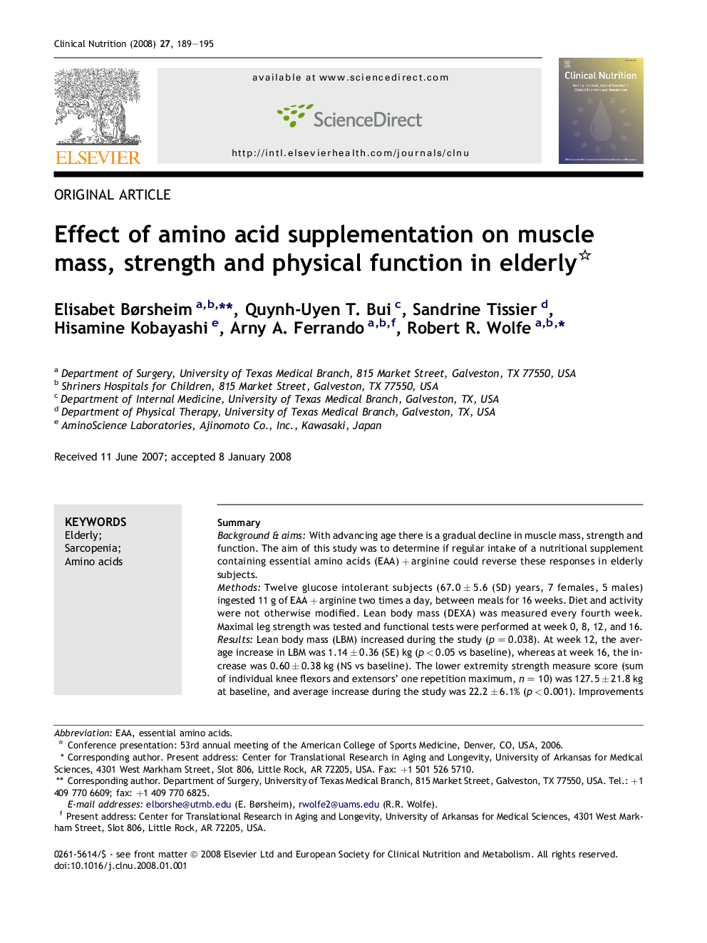 عکس صفحه اول مقاله: Effect of amino acid supplementation on muscle mass, strength and physical function in elderly Effect of amino acid supplementation on muscle mass, strength and physical function in elderly