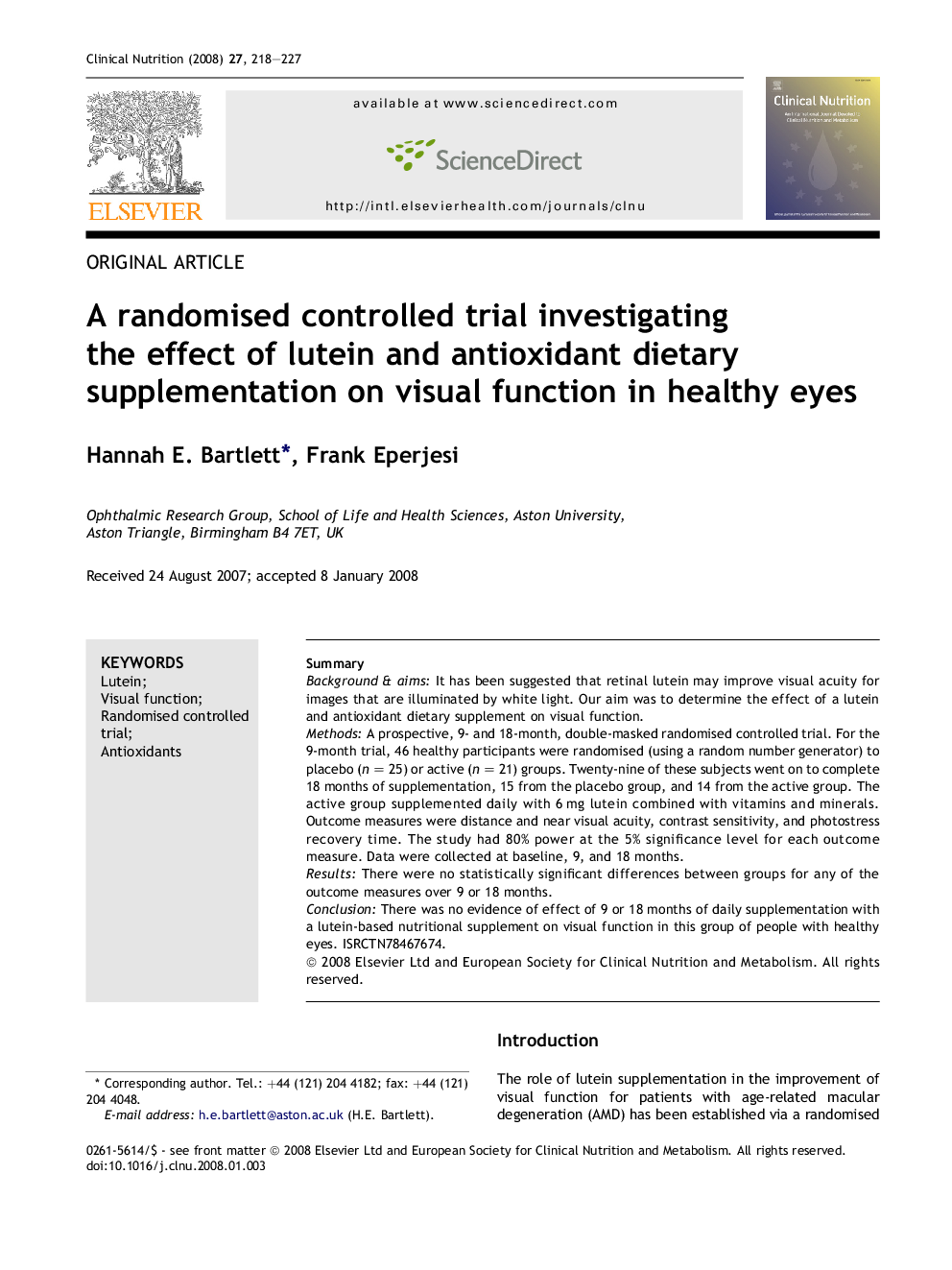 A randomised controlled trial investigating the effect of lutein and antioxidant dietary supplementation on visual function in healthy eyes