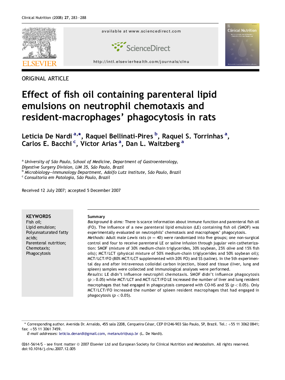 Effect of fish oil containing parenteral lipid emulsions on neutrophil chemotaxis and resident-macrophages' phagocytosis in rats