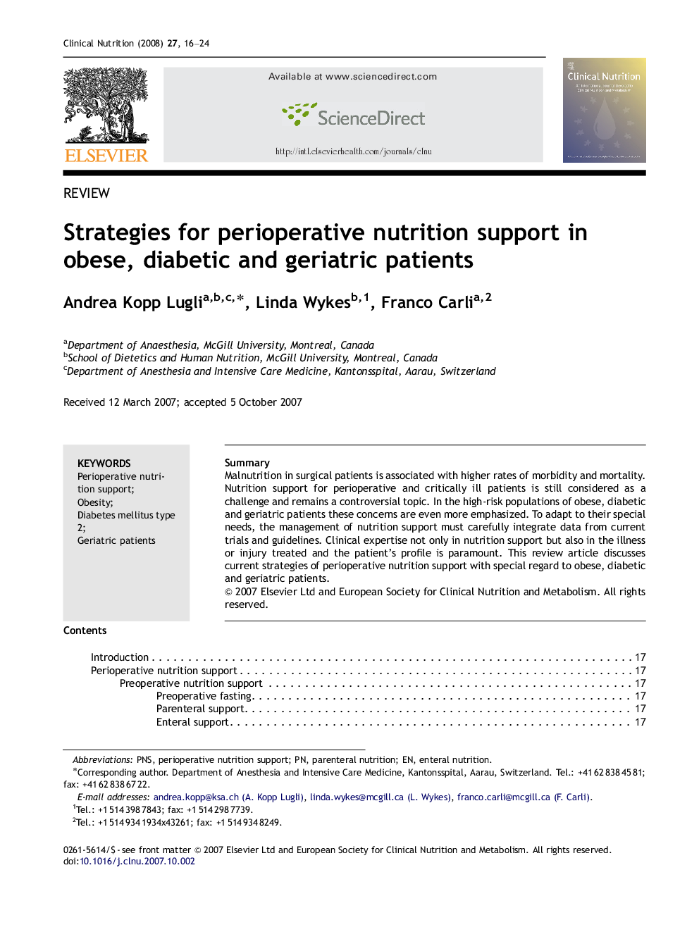 Strategies for perioperative nutrition support in obese, diabetic and geriatric patients