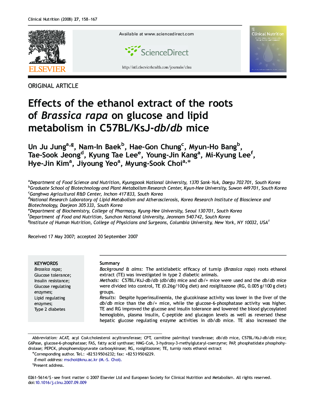 Effects of the ethanol extract of the roots of Brassica rapa on glucose and lipid metabolism in C57BL/KsJ-db/db mice