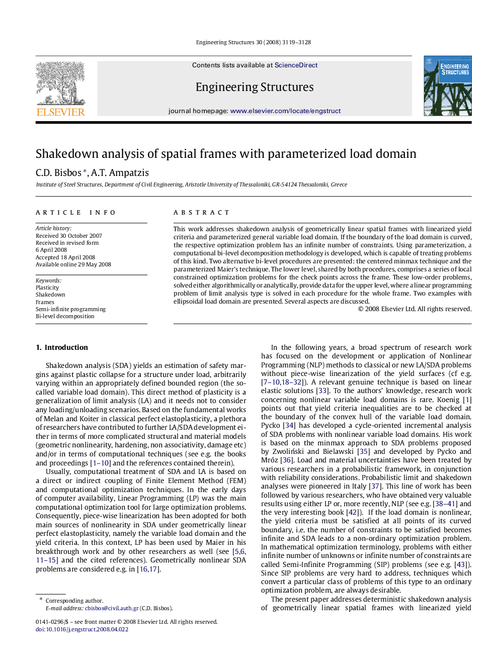 Shakedown analysis of spatial frames with parameterized load domain