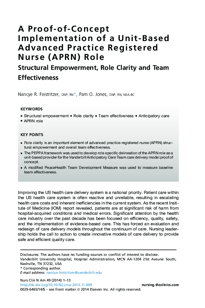 A Proof-of-Concept Implementation of a Unit-Based Advanced Practice Registered Nurse (APRN) Role
