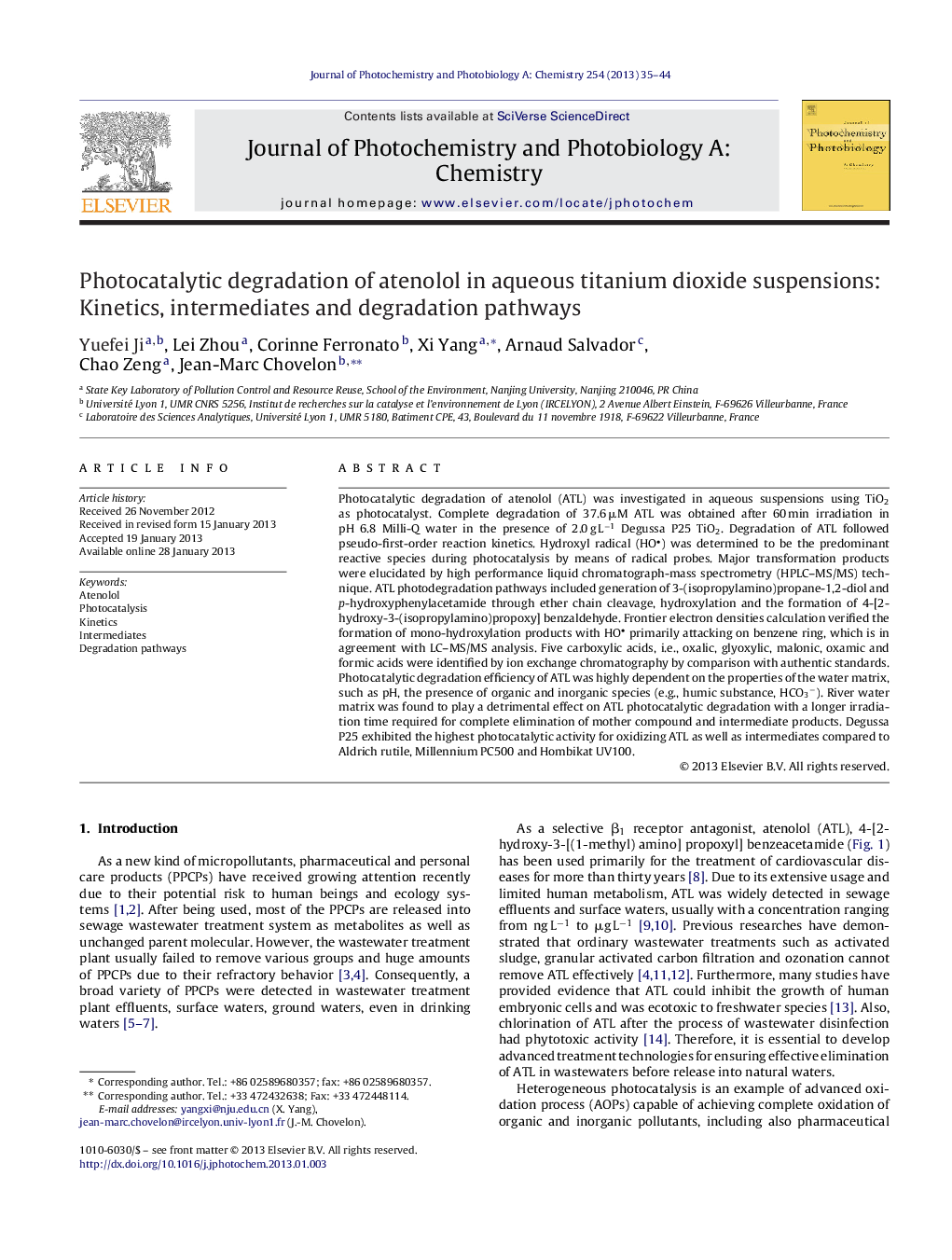 Photocatalytic degradation of atenolol in aqueous titanium dioxide suspensions: Kinetics, intermediates and degradation pathways