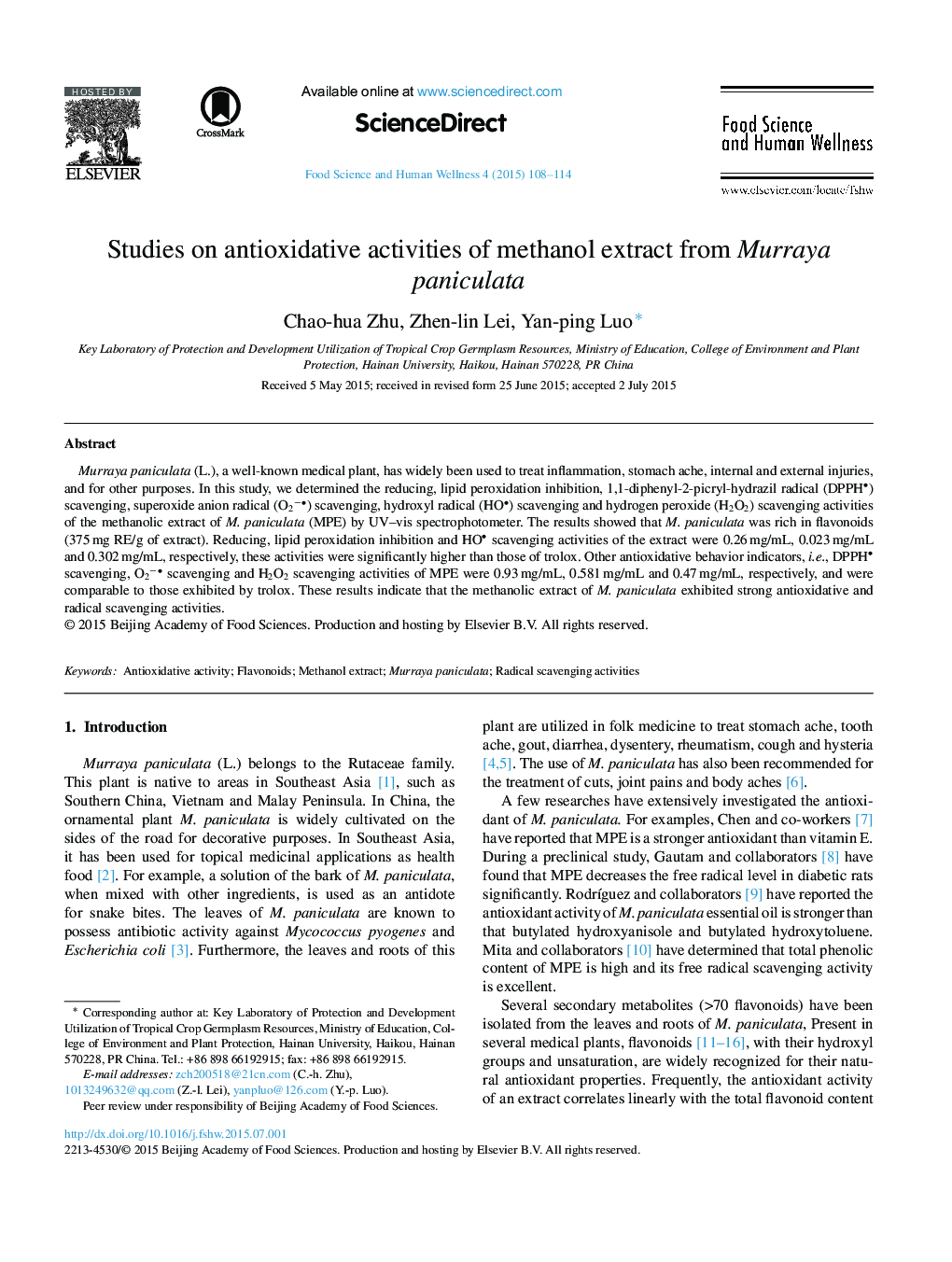 Studies on antioxidative activities of methanol extract from Murraya paniculata 