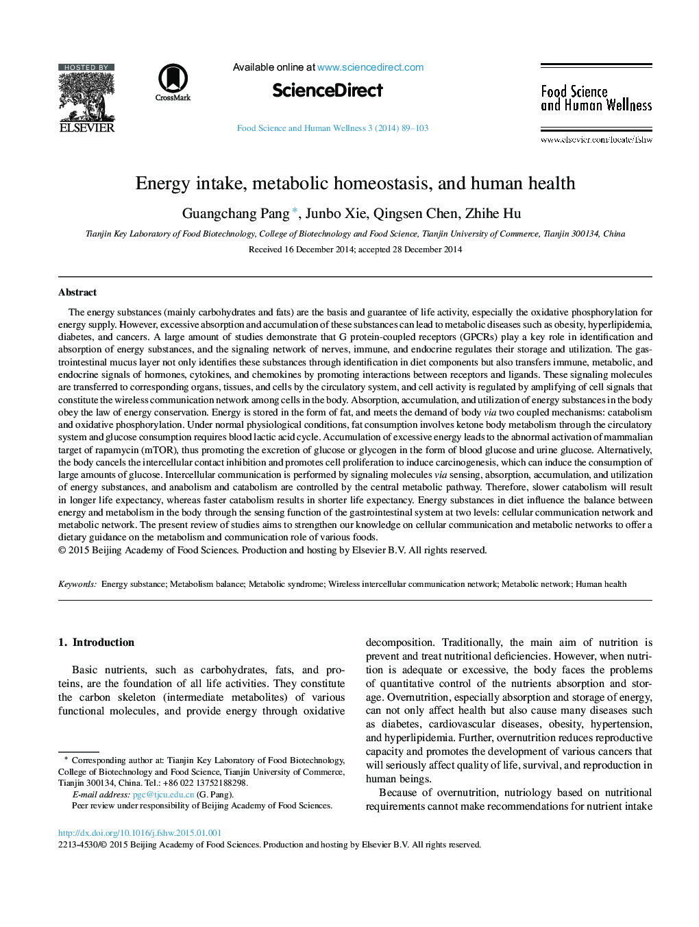 Energy intake, metabolic homeostasis, and human health 