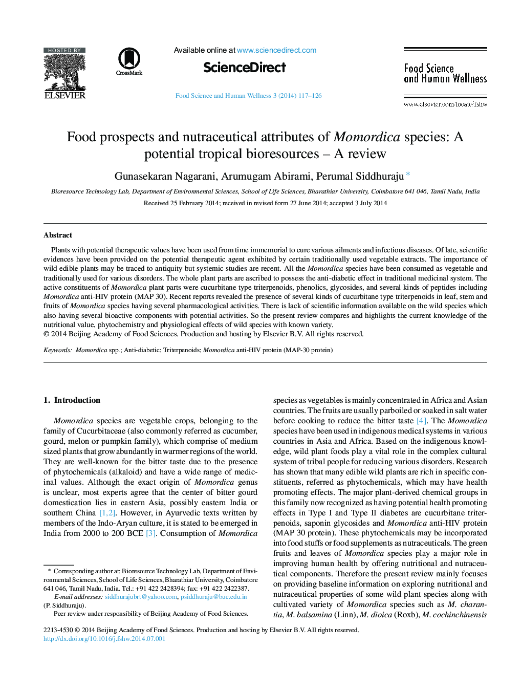 Food prospects and nutraceutical attributes of Momordica species: A potential tropical bioresources – A review 